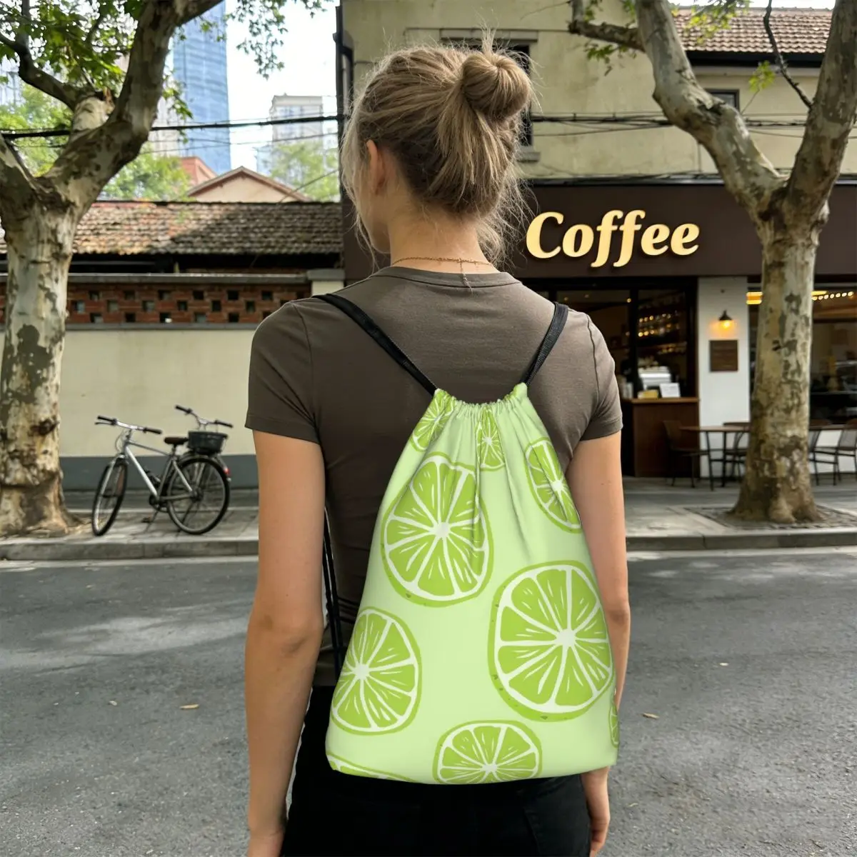 Green Lemon Pattern Backpacks Casual Drawstring Bags Sports Bag Book Bags for Man Woman School