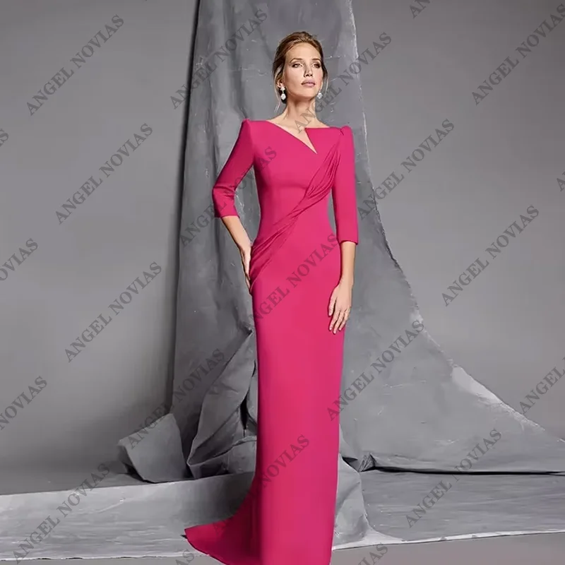 

Customized V Neck 3/4 Sleeves Mother of the Bride Dresses For Weddings Party Gowns Pleat Floor Length Mermaid Evening Dress