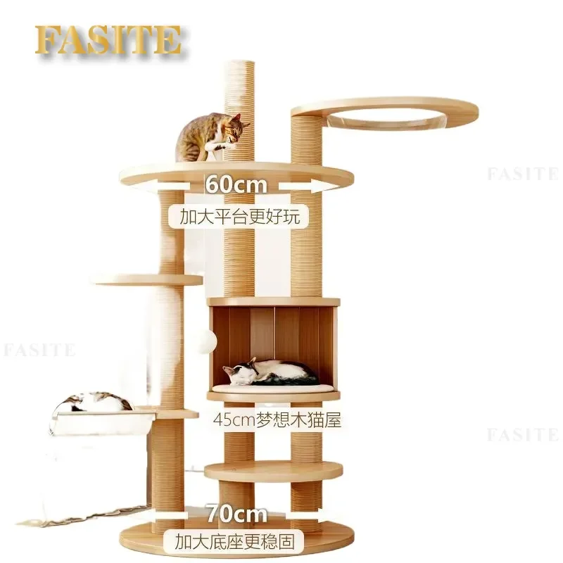 For Cat Solid Wood Climbing Frame Large Space Capsule Shelf Multi-layer Cat Tree with Scratching Post and Board Interactive