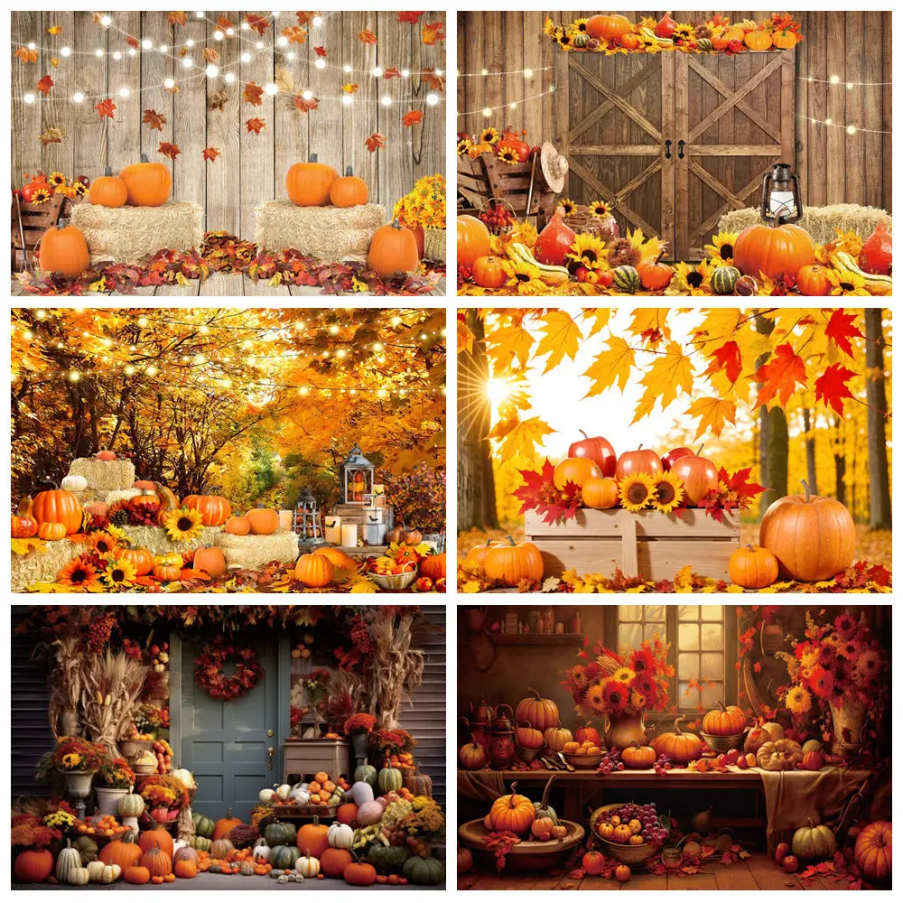 

Autumn Fallen Leaves Halloween Photography Backdrop Farm Harvest Pumpkin Sunflower Hay Block Kid Portrait Photo Background Decor