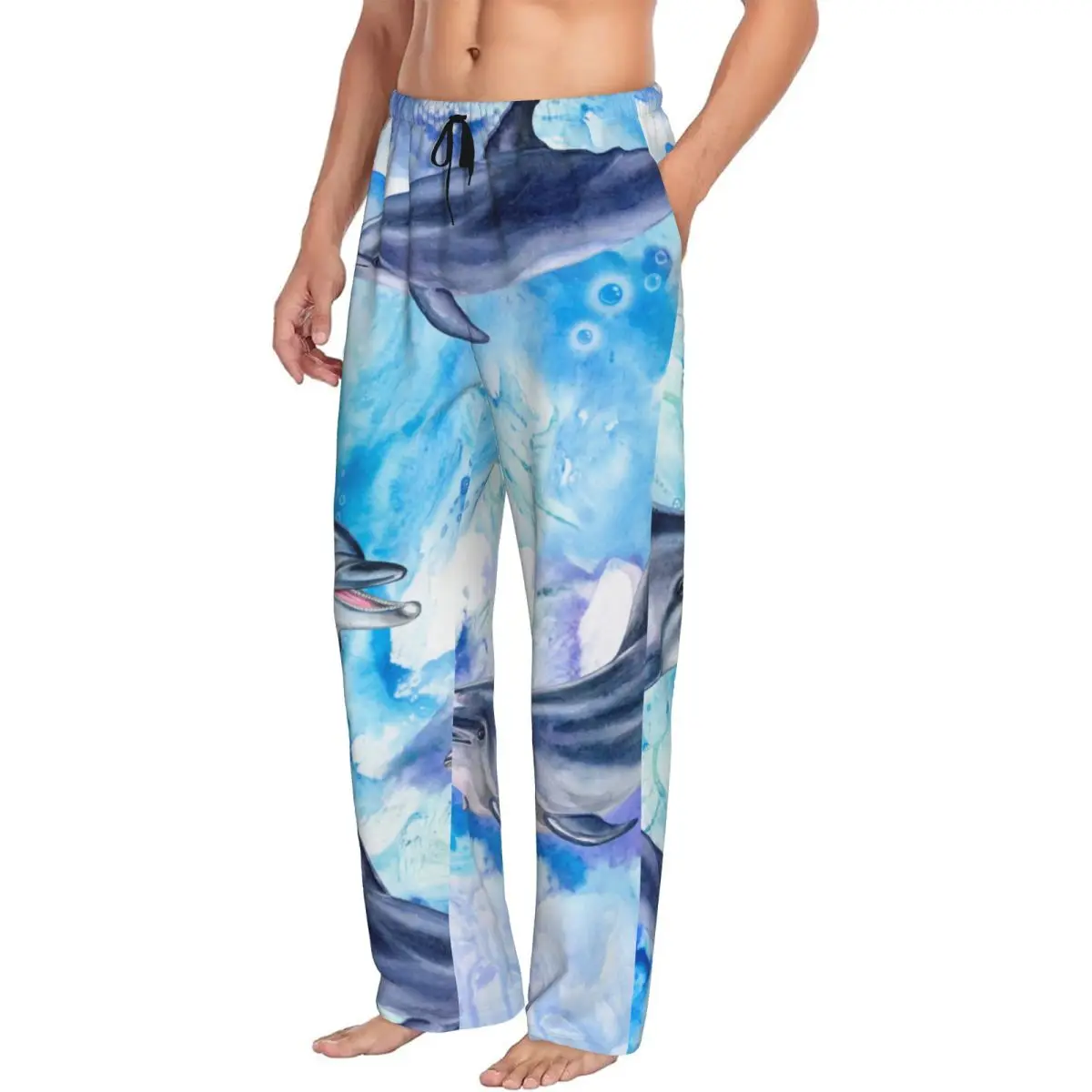 Watercolor Sea Blue Dolphins Men Sleep Bottoms Male Lounge Trousers Men's Pajama Pants