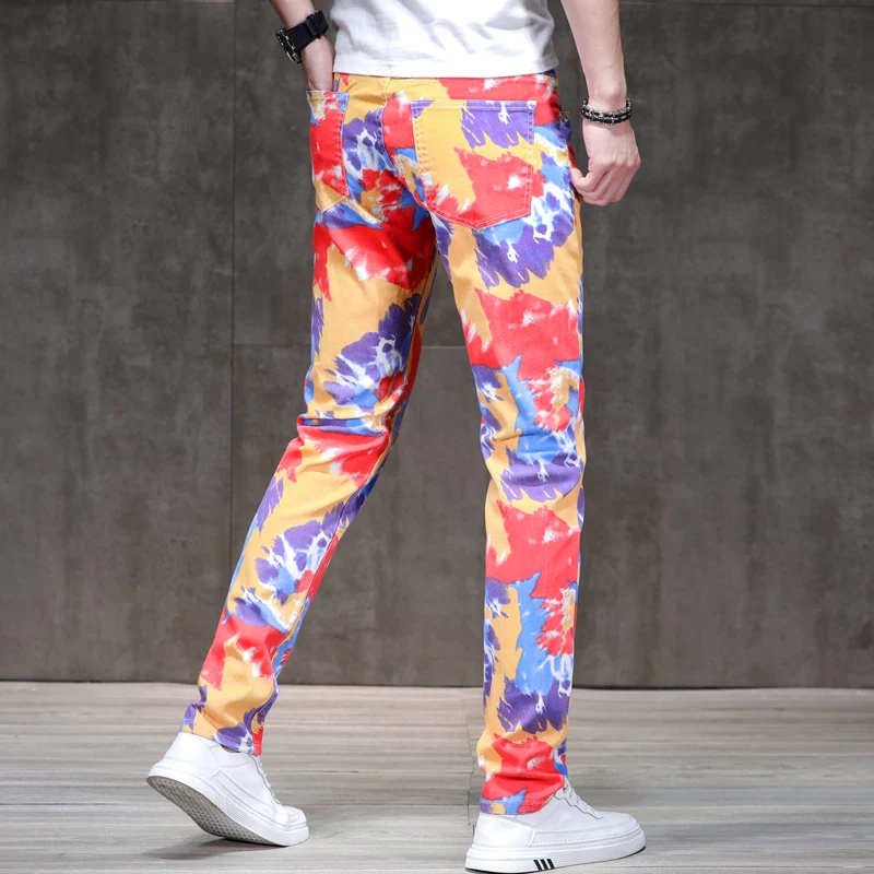 

Colorful printed jeans men's fashion party trendy unique slim stretch casual handsome trousers2024new