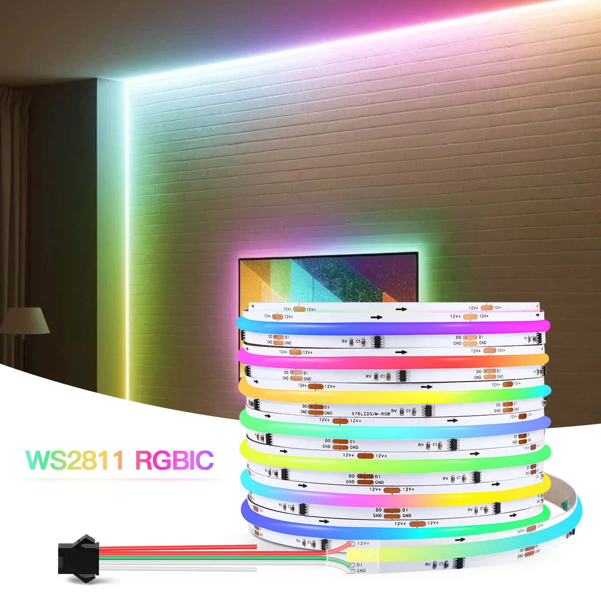 10mm LED Strip Light FCOB RGB WS2811 IC Addressable 576LEDs/M Dream Color DC12V RA90 Colorful Gaming Room Decor COB LED Ribbon