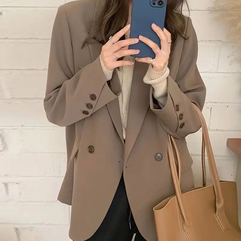 Spring Autumn New Solid Color Tailored Collar Long Sleeve Blazers Women Button Patchwork Cardigan Elegant Mid-length Chic Tops