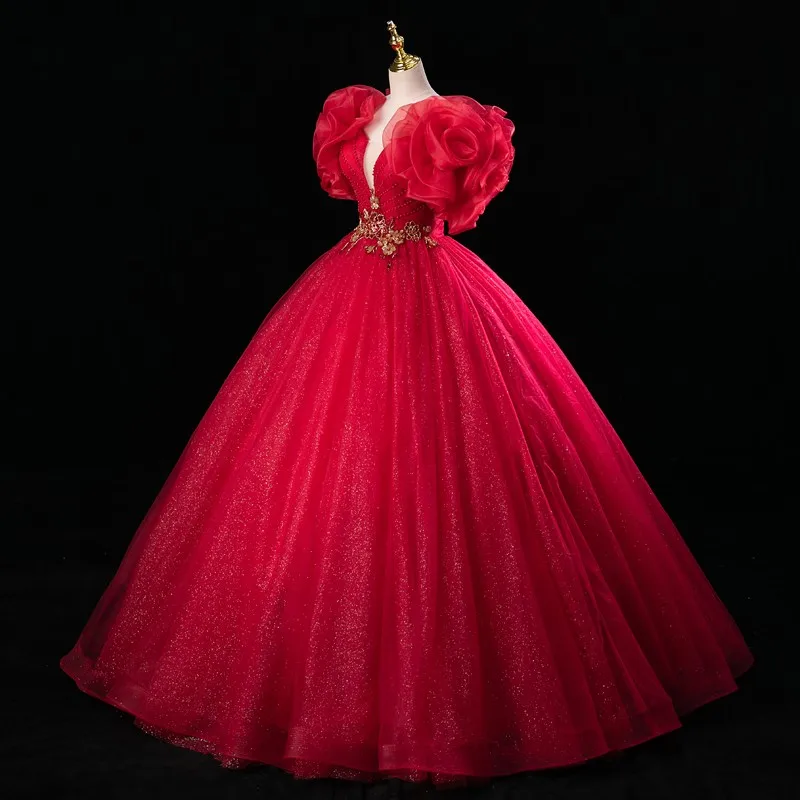 Sonhar Vestidos Red Quinceanera Dresses Luxury Puff Sleeve Prom Dress Classic V-neck Ball Gown Modern Fromal Gown New