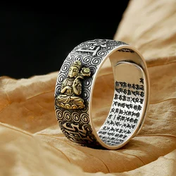Namo Amitabha Ring Sterling Silver Embossed Retro Heart Sutra Buddha Ethnic Style Various Series 925 Mens Rings Jewelry