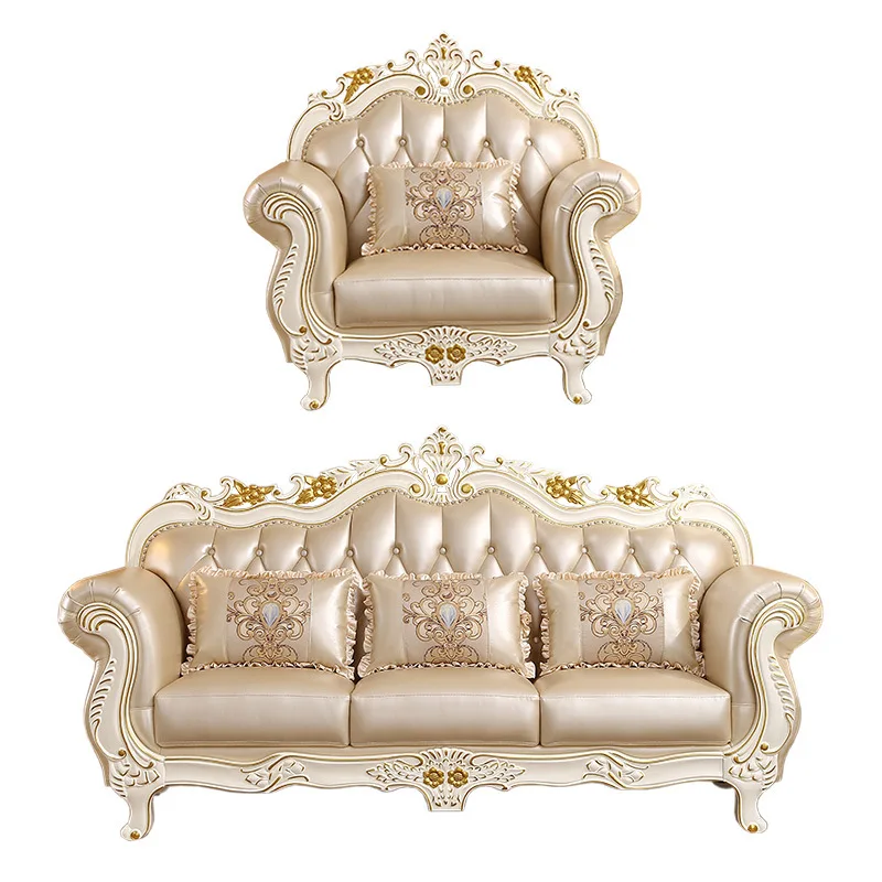 b7- European leather combination leather sofa living room solid wood carving flower sofa luxury French