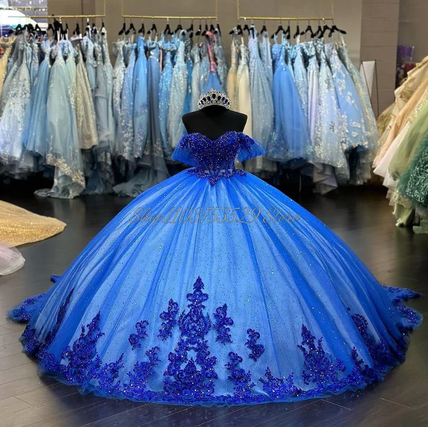 Luxury Navy Sheath Princess Tutu Exquisite Tulle Card Shoulder Tie Beaded Sequin Applique Sweetheart 15 Quinceanera Dress 2024