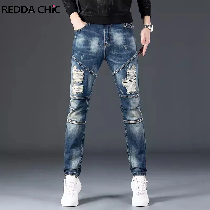 

REDDACHIC Chinese Cloud Embroidered Straight Jeans Men Skinny Stretch Ripped Denim Pants Frayed Patchwork Vintage Y2k Streetwear