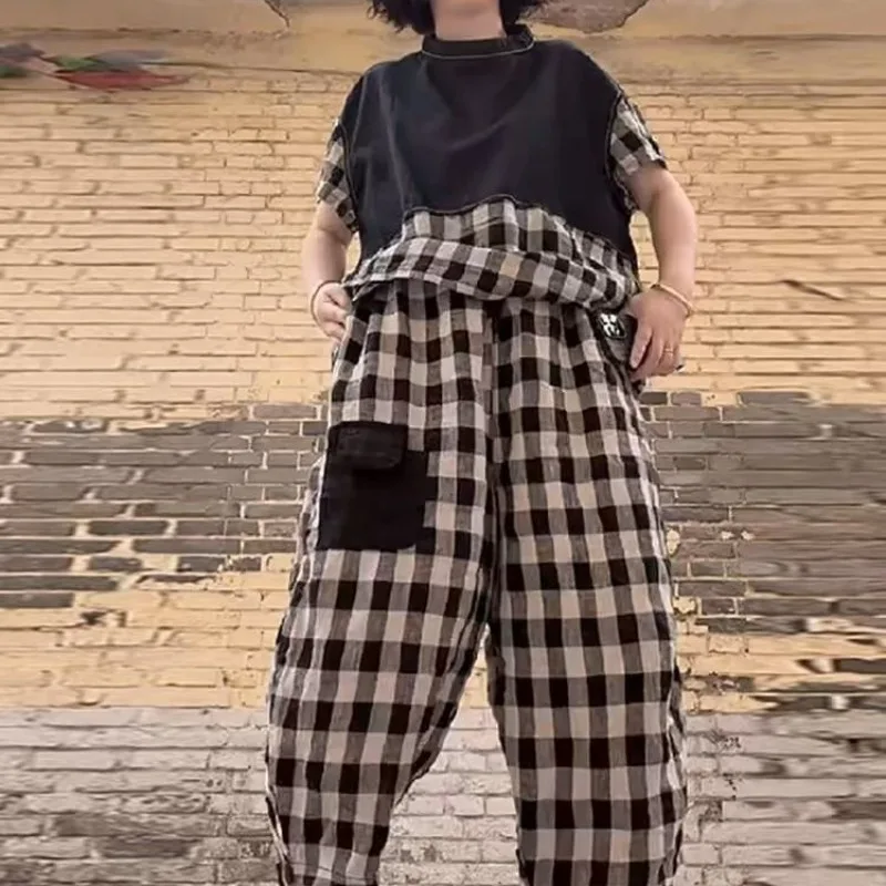 2025 New Spring Retro Cotton Linen Womens Two Peice Sets Fashion Splicing Plaid Short Sleeved Top and Casual Loose Pants Set