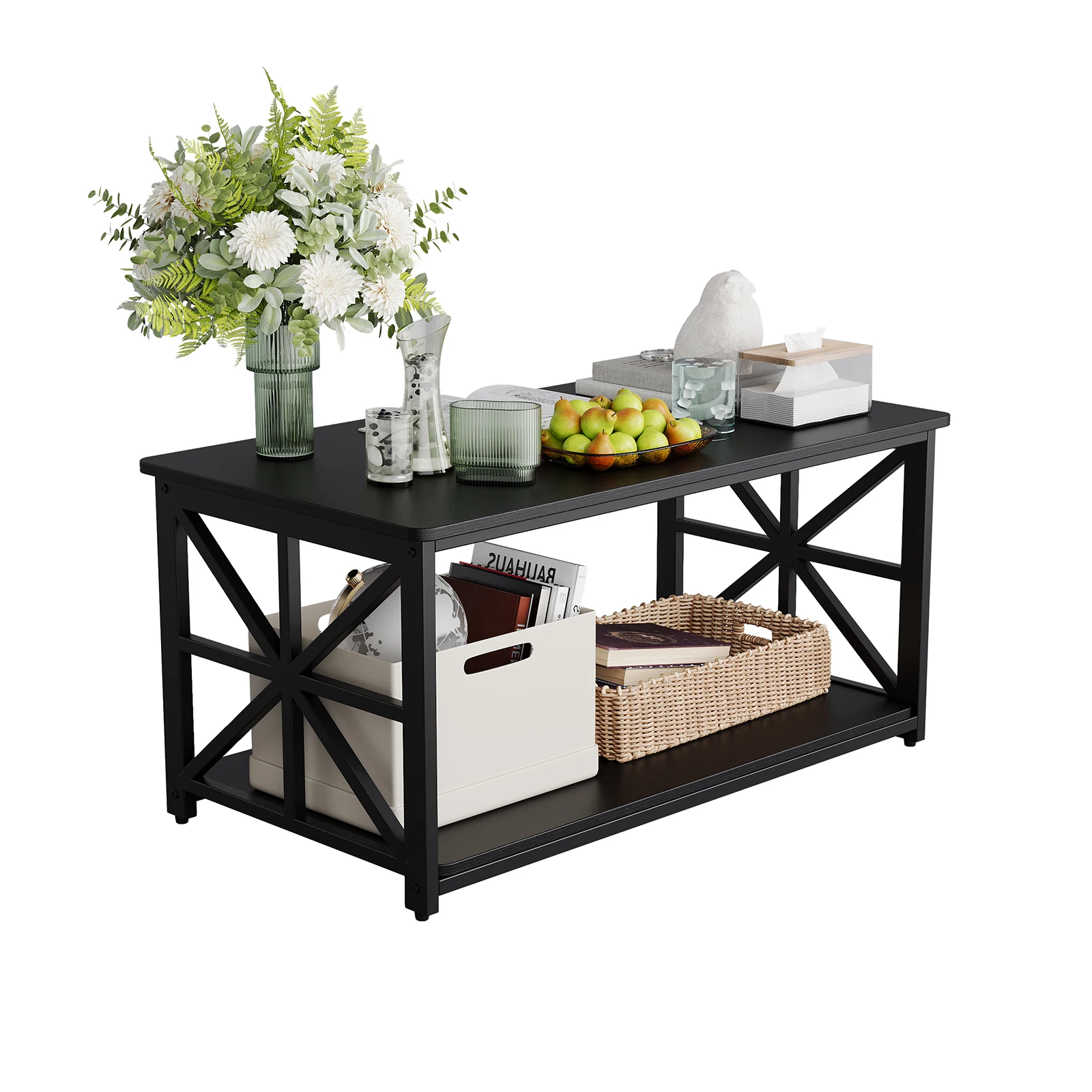 

Coffee Tables for Living Room Farmhouse Style Center Table with Storage Shelf X-Shaped Sturdy Frame Easy Assembly Home Furniture
