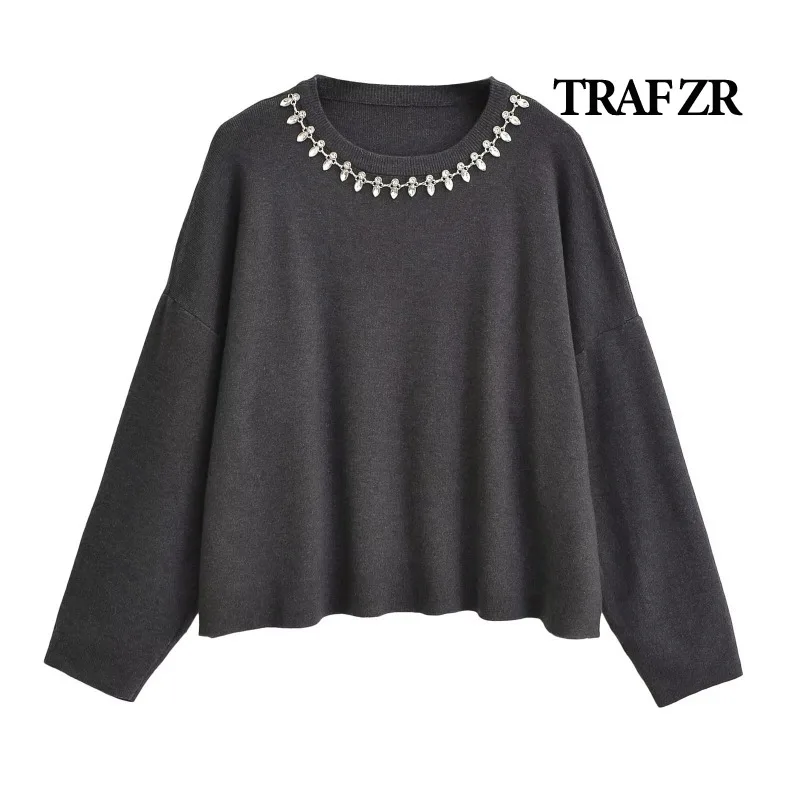 

TRAF ZR Cozy Sweaters Diamond Jewelry Grey O-neck Pullovers Loose Fit Long Sleeve Knitwear Pullovers Women's Autumn Sweater