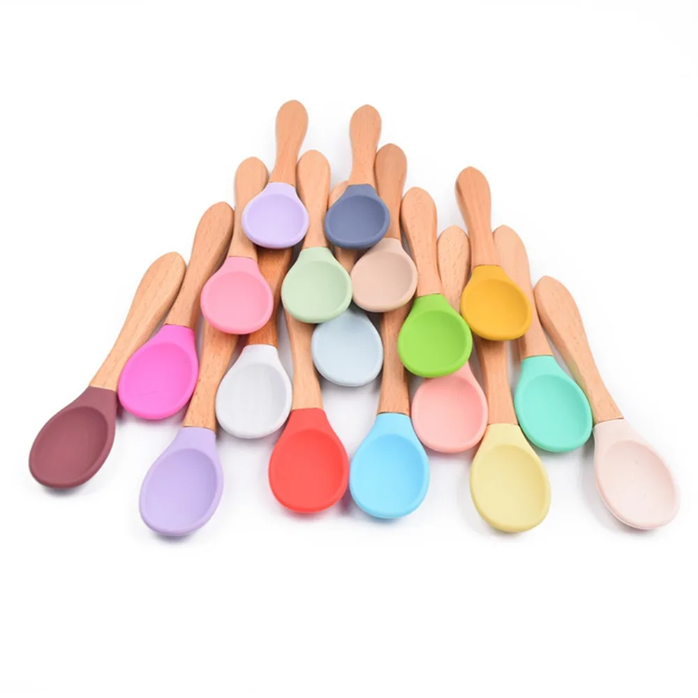 Baby Feeding Spoon Silicon Baby Spoon Utensils Silicone Wooden Baby Spoon Bamboo Baby Spoons Silicone Kids Tableware Baby Items