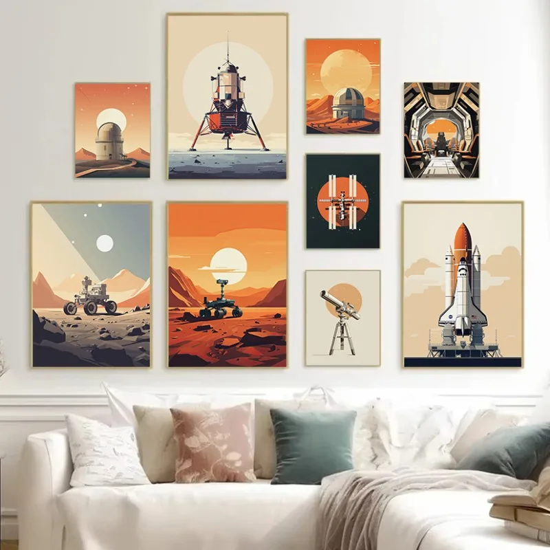 Retro Space Station Observatory Shuttle Mars Lunar Rover Telescope Canvas Poster Cartoon Simple Art Painting Picture Home Decor