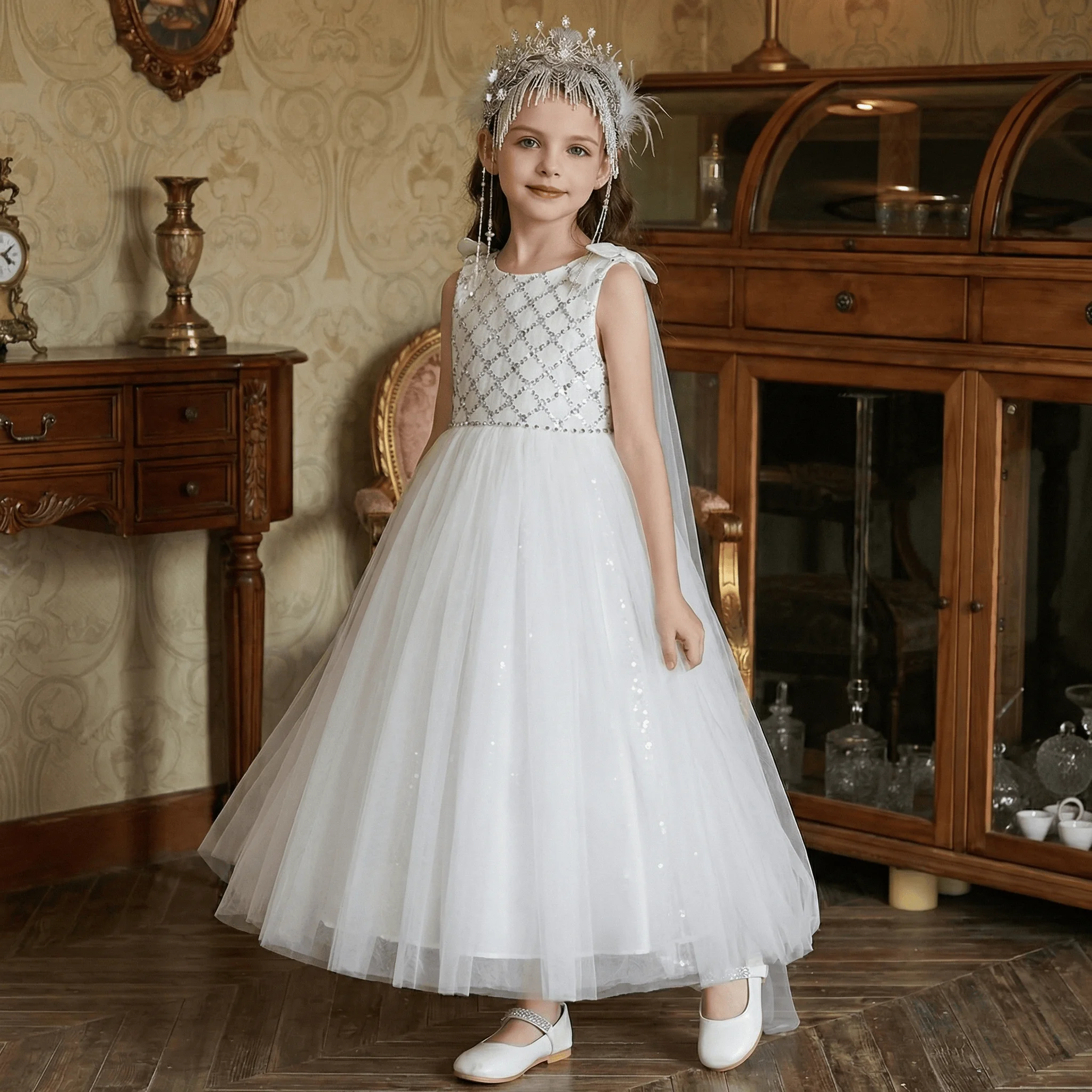 

2026 Sequined Flower Girl Dress with Tulle Cape Bow Shoulder Wedding Party Princess Ball Gown Kids Birthday First Communion 2025