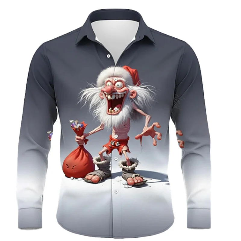 

Christmas men's Santa Claus gradient color fun Christmas shirt, long-sleeved button shirt, fun outdoor holiday spring and autumn