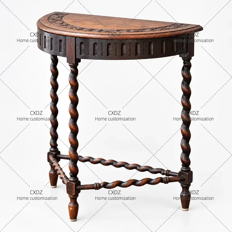 American Retro Solid Wood Entrance Table Medieval Foyer Balcony Decorative Partition Wall Mounted Semicircular Carved Small