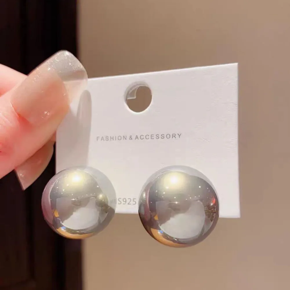 Grey bread pearl earrings studs half round high bright pearl beads female light luxury high-grade sense of temperament earrings