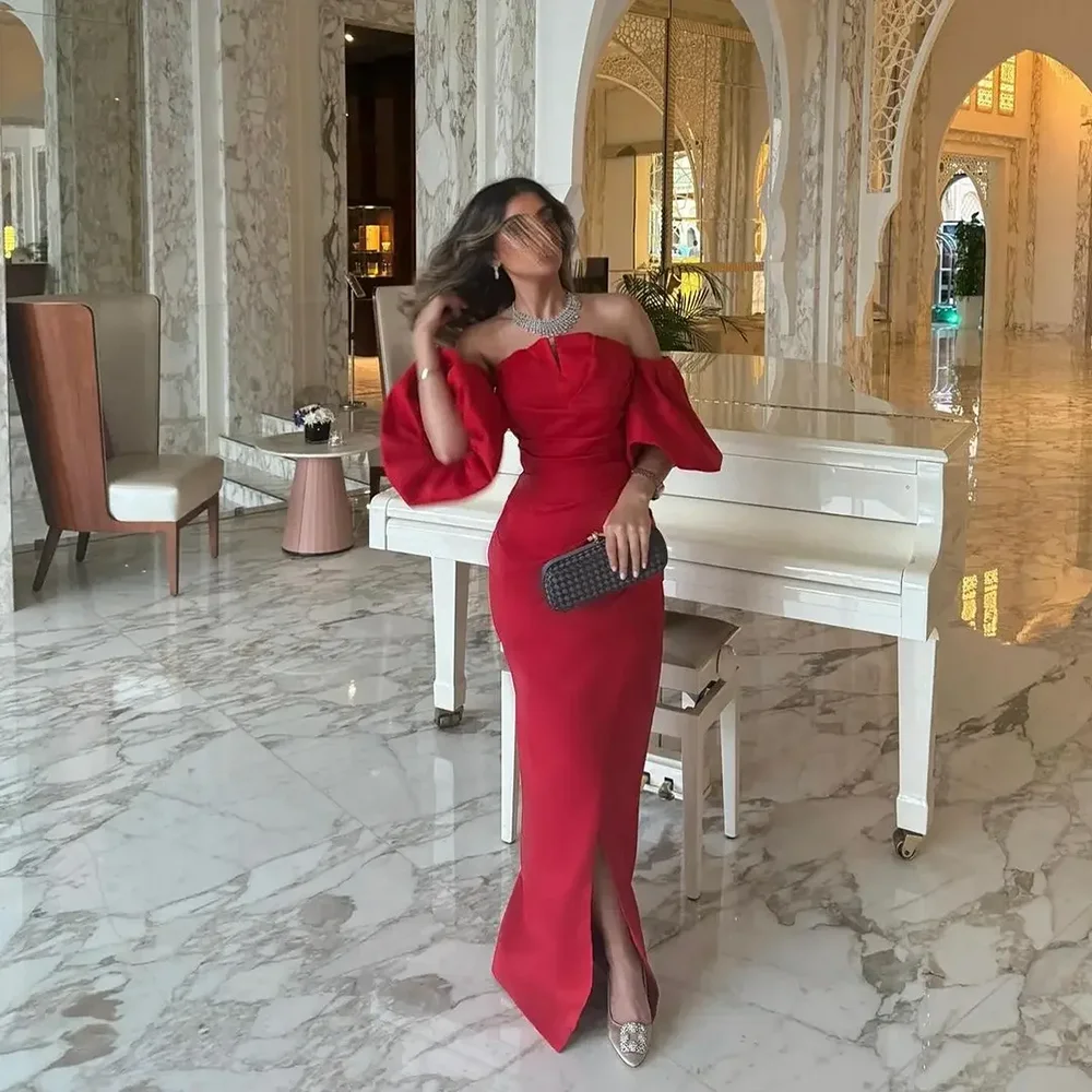 

Boat Collar Satin Solid Bridesmaid Prom Gown Sheath Detachable Puff Sleeve Saudi Arab with Slit Custom Made Vestidos De Novia