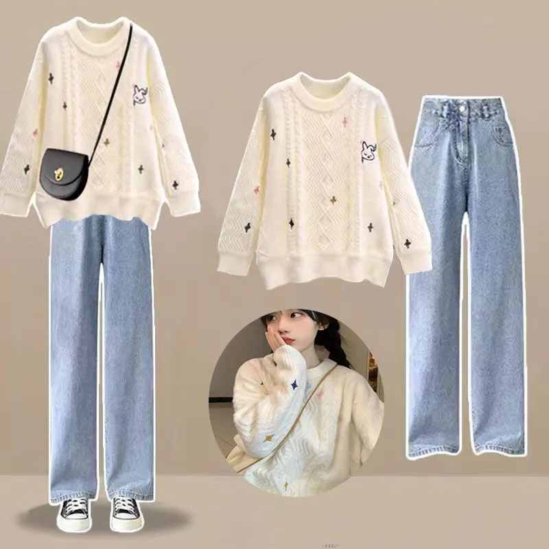 Autumn/Winter Women's Set Korean Loose Knitted Lazy Style Sweater+High Waist Wide Leg Jeans Two Piece Set Trendy