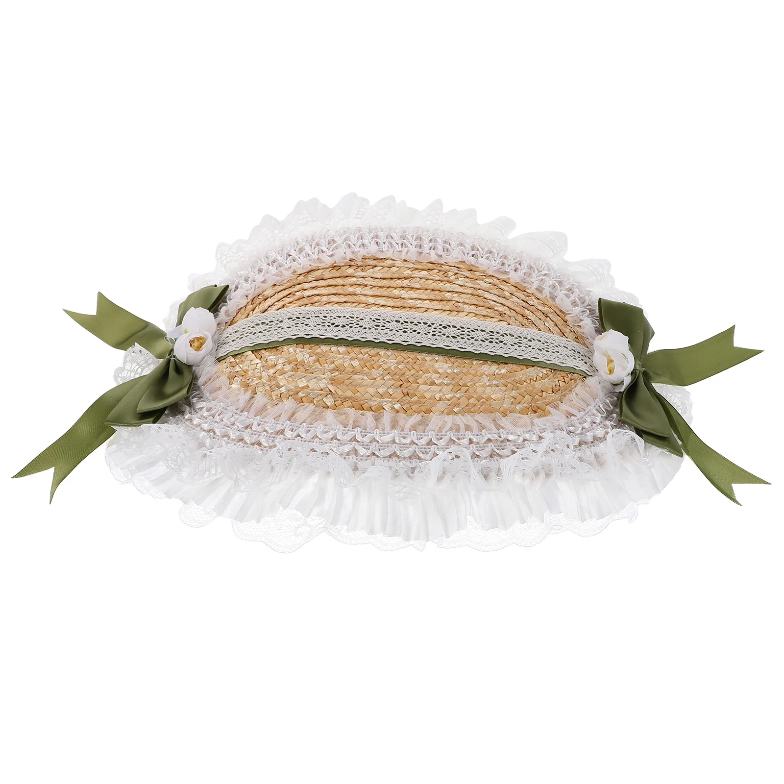 لوليتا قبعة القش الحلو Cottagecore قبعة الشمس مع لهجات الأزهار قابل للتعديل ربطة القوس فيونكة للصيف في الهواء الطلق حديقة حفل زفاف #1