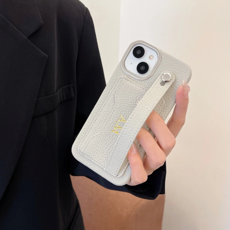 아이폰 15 14 13 12 11 Pro Max 보호 커버용 가죽 폰 케이스, 손목 밴드 카드 홀더 커버, 맞춤 각인 이름/문자