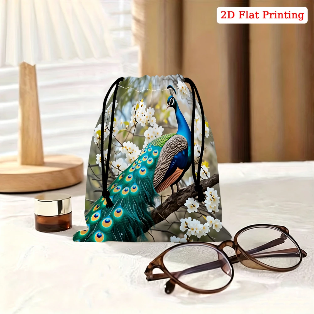 1pc Peacock Floral Print Drawstring Bag Green Blue 2d Flat Printing Storage Small Pouch For Glasses Cosmetics Travel Organizer P