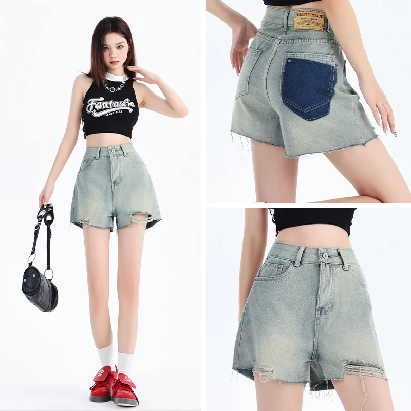 Distressed burr edge design denim shorts for the 2024 summer, new high waisted American small figure A-line slimming hot pants