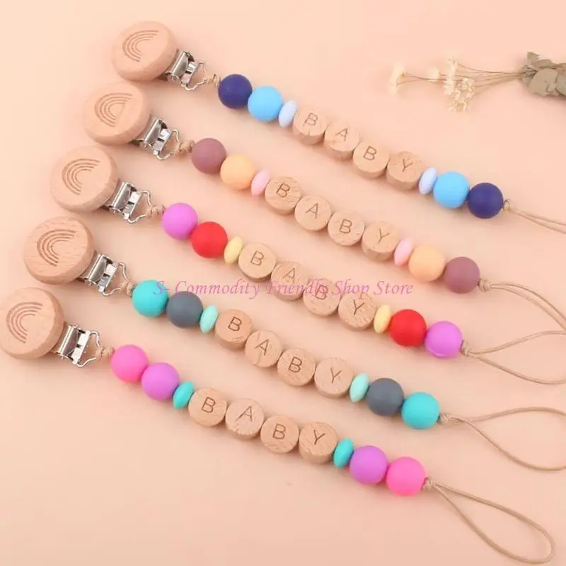 85AE Baby Cartoon Rainbow Silicone Beads Pacifier Chain Beech Clip Dummy Holder