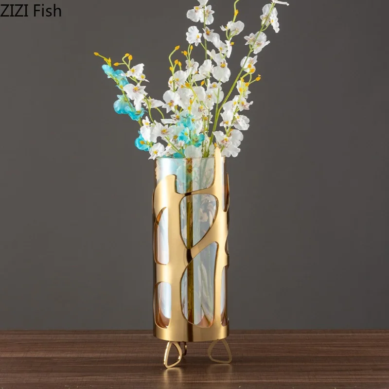 Metallic Glass Vase Geometric Transparent Decorative Vase Ornament Flower Arrangement Dried Flower Vases Home Decoration Crafts