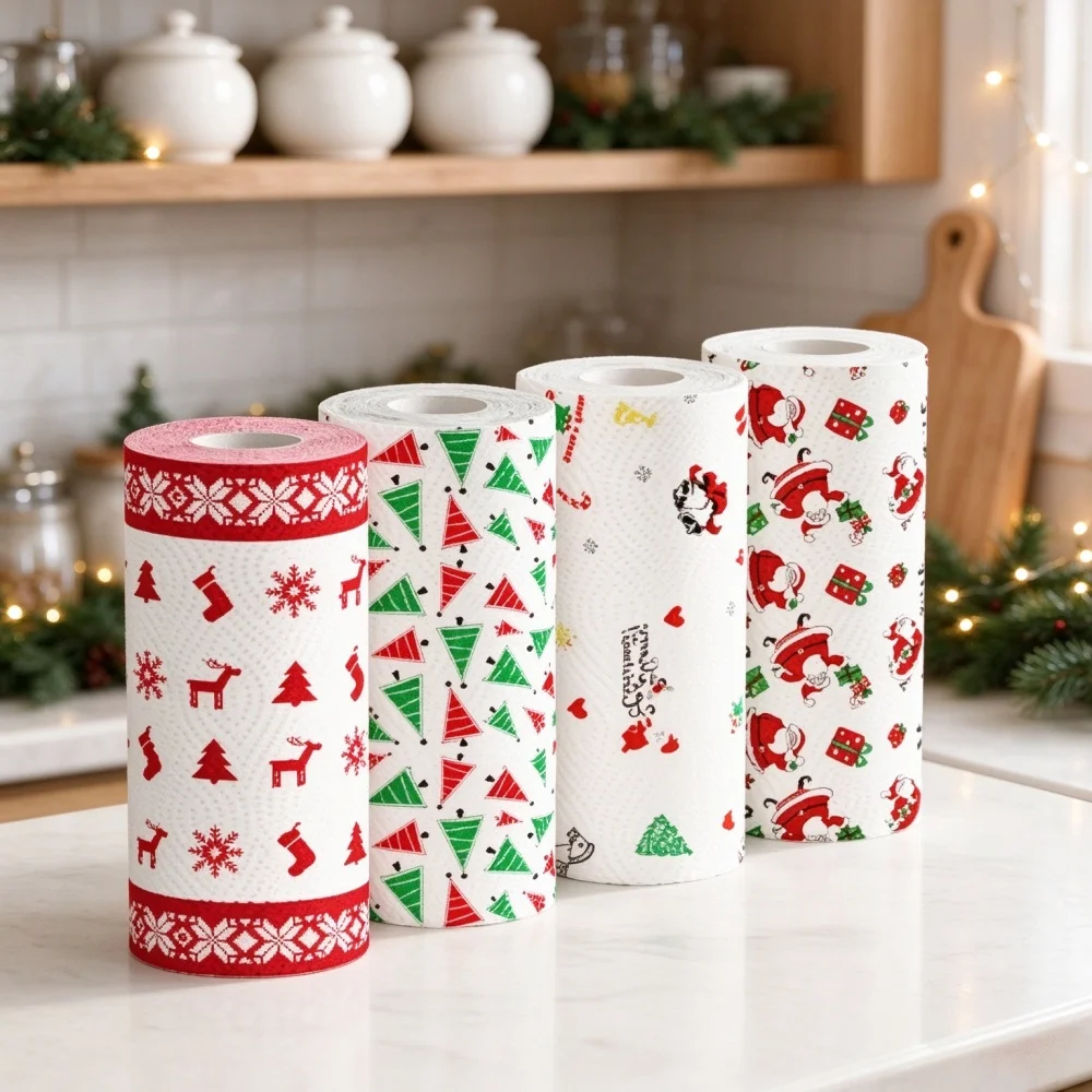 Random 3Pcs Christmas Paper Towels Roll, Thick 3-Ply Virgin Wood Pulp Disposable Kitchen Tissue, Strong Absorbent Wet Dry Use, Kitchen Essentials Cleaning Supplies, Christmas Home Decor, Santa Reindeer Snowflake Tree Pattern, Xmas Household Party Cleaning
