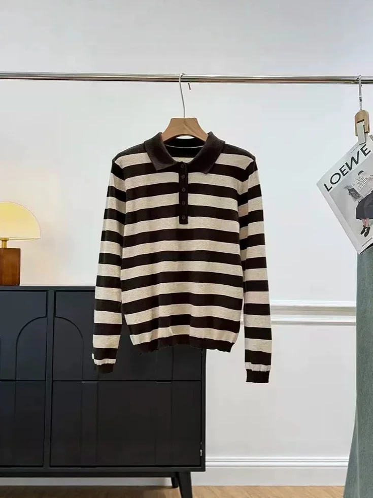 

Dave&di Retro College Style Striped Long Sleeved Knit T-shirt Woman Clothes Female Clothing