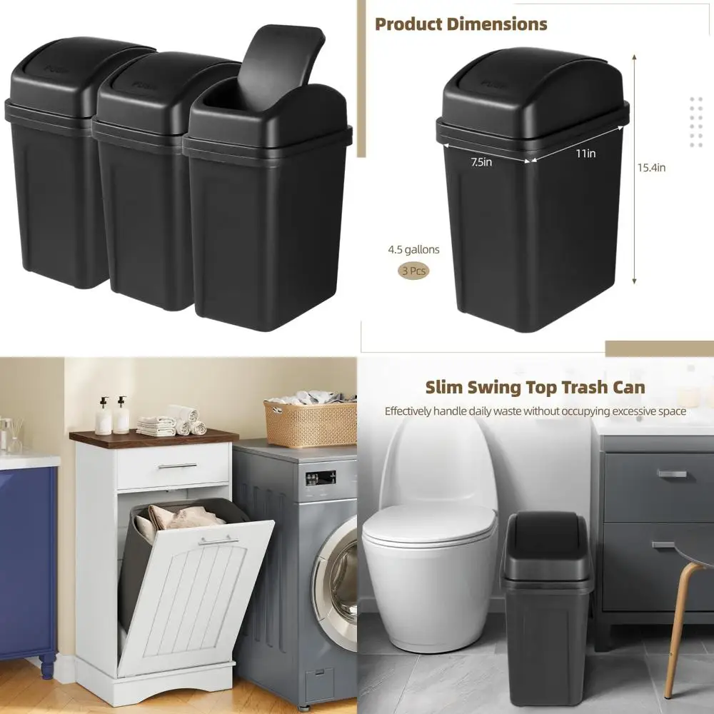 

Kitchen Trash Cans - 3-Pack Black Plastic, 4.5 Gallon Rectangular Swing-Lid Waste Bins for Home Use