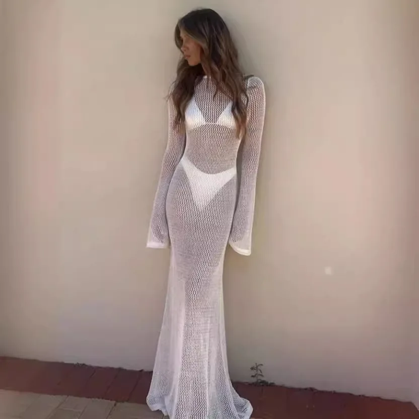 

Women Sexy See Through Knitted Maxi Dress 2025 Summer Holiday Beach Cover Ups O-neck Full Sleeve Backless Vacation Long Robe