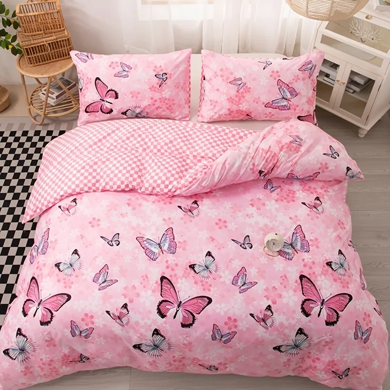 Conjunto de roupa de cama com estampa de borboleta rosa, capa de edredom floral sakura, roupa de cama de poliéster macio com fronha, tamanho queen king