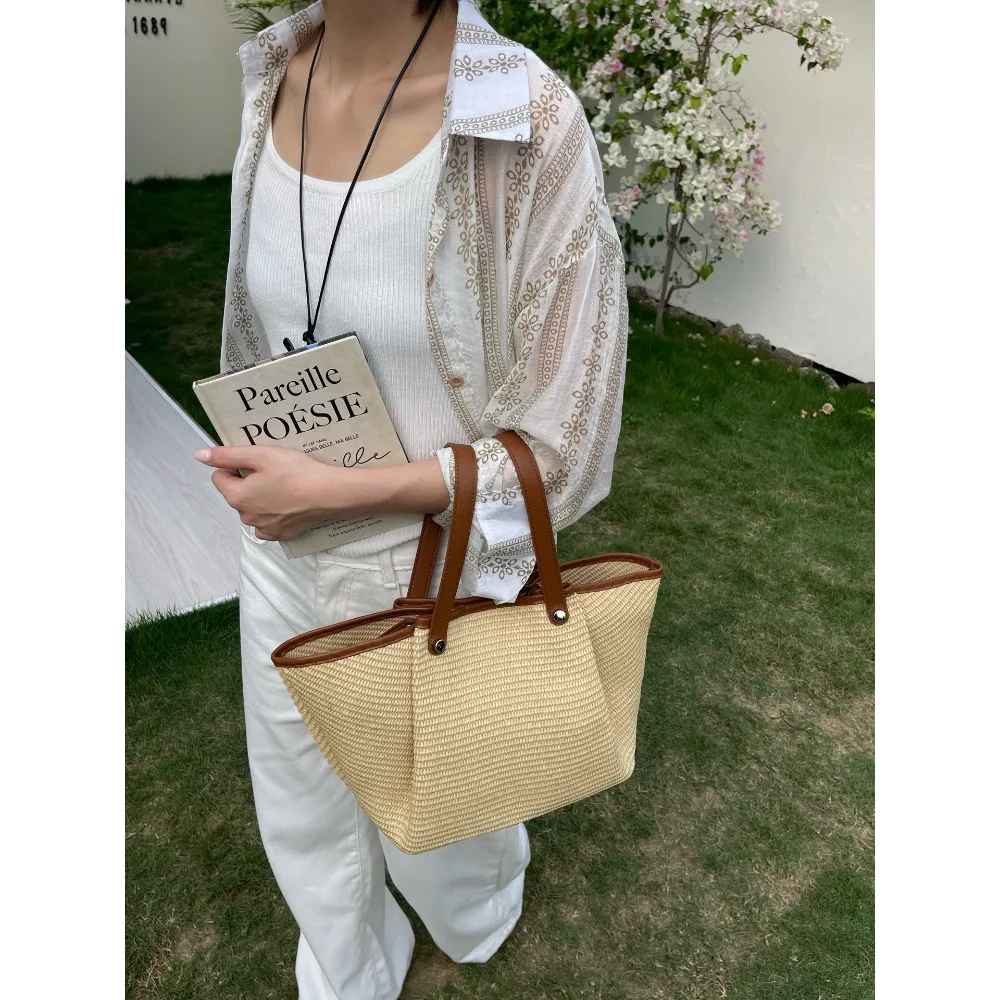 Cowhide with Straw Woven Tote Bag Casual Versatile Handwoven Fashion Large Capacity Seaside Vacation Style Shoulder Armpit