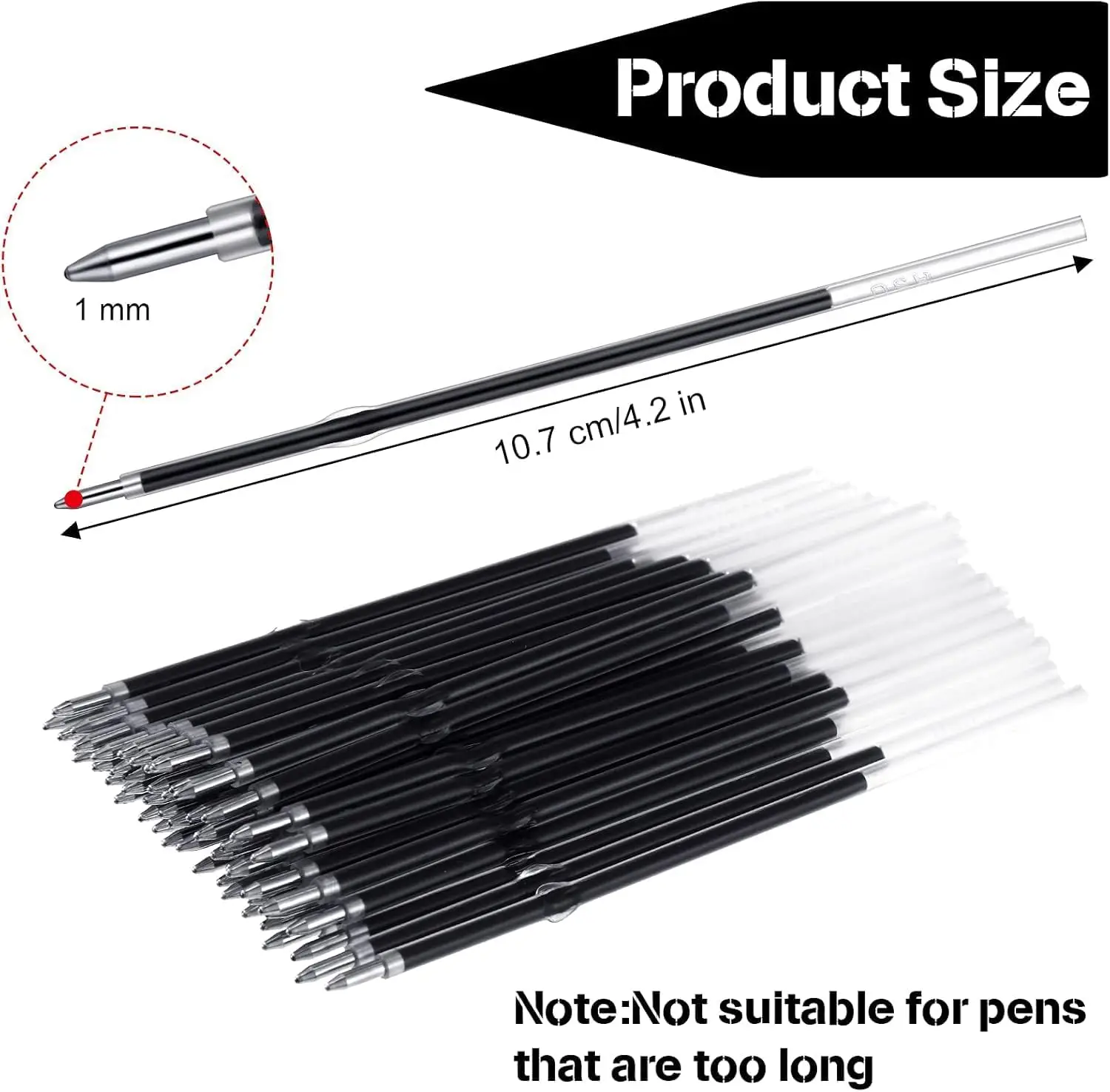Retractable Ballpoint Pen Refills 30 Pieces 1mm Medium Point Black Ink Refills Smooth Writing for Click Pens