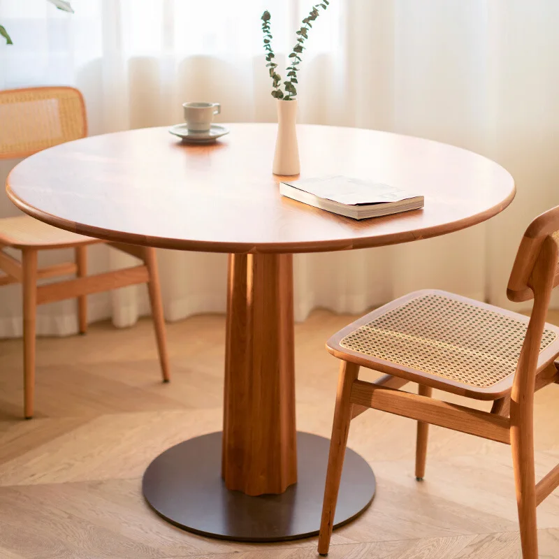 Retro solid wood round table household cherry wood square circle dining table and chair combination sky ruler simple big circle