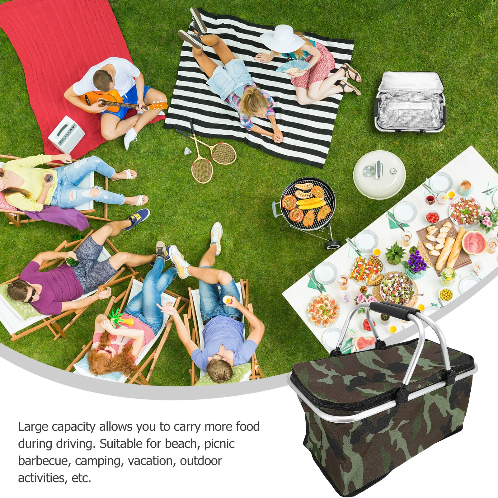 

Large Size Insulated Picnic Basket Cooler Bag Foldable Design Aluminum Alloy Frame Basket Leakproof