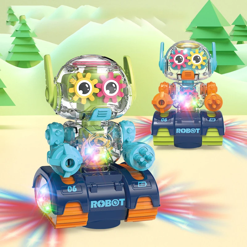 

2023 Electric Transparent Gear Robot Universal Educational Interactive Robot With Light Music Toys For Children Xmas Present