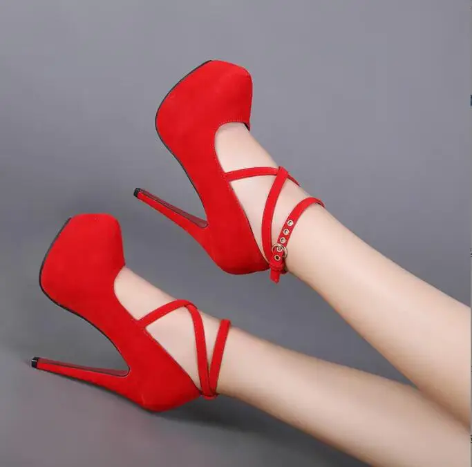 

Red Sexy Pumps High Heel Women New Style Flock Fashion Cross Straps wedding Heel High Platform Model Nightclub High-heeled shoes