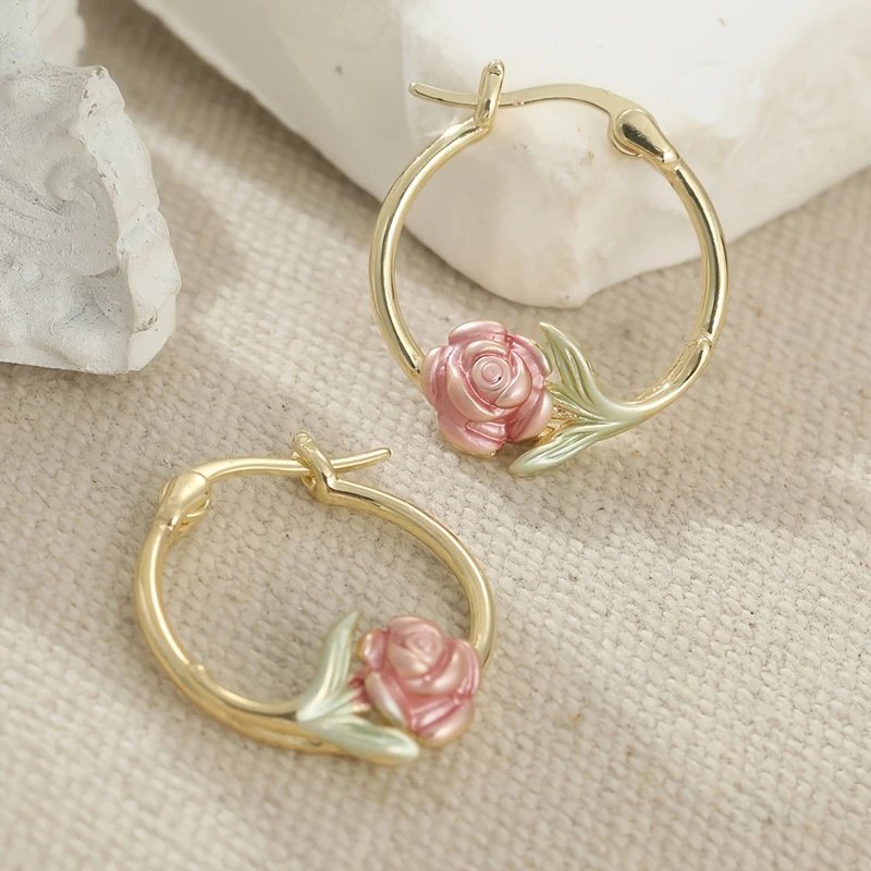 Huitan Gentle Enamel Flower Fishtail Hoop Earrings for Women Luxury Gold Color Party Holiday Fresh Metal Accessories Jewelry