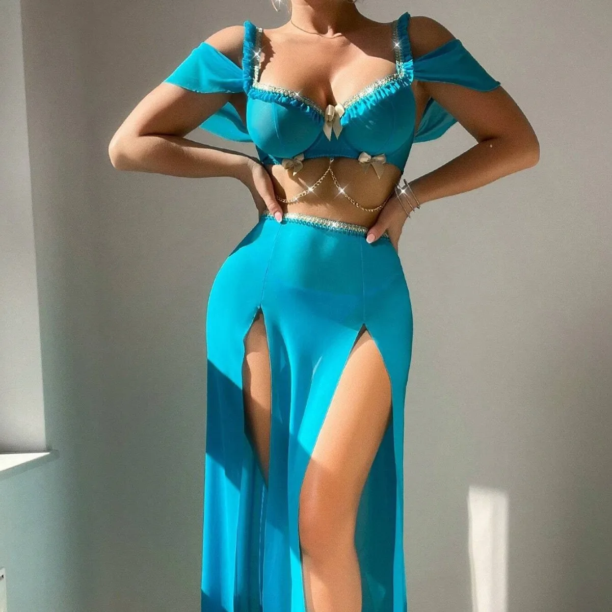 

Western Chain Strap Bowknot High Slit Sexy Women Underwear Babydoll Nightgown Backless Cross Lace Hollow Out Slip Lingerie Set