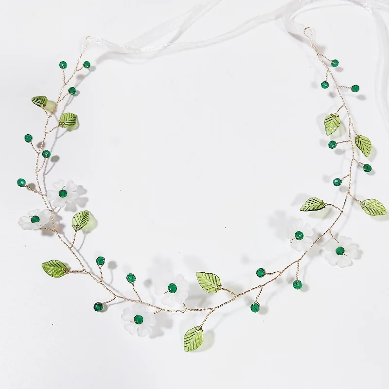 White Floral Green Leaf Beaded Headband Bridal Hair Comb Rhinestone Pearl Headbands Princess Bridal Headband Crowns Jewelry