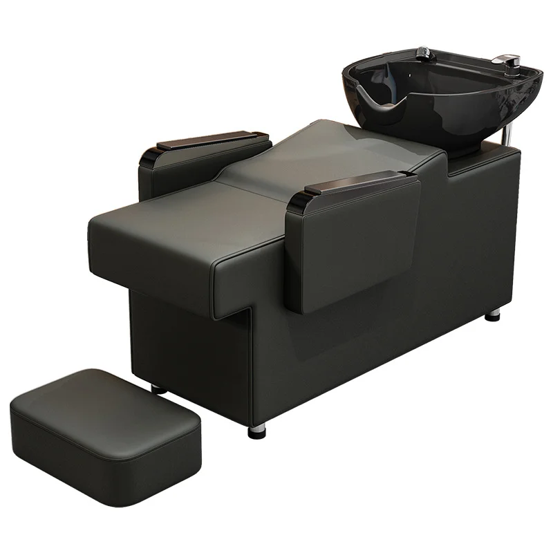 Factory Black Hair Salon Shampoo Bed 's Custom Ceramic Basin Semi-Reclining Head Therapy Barber Shop Washing Bed