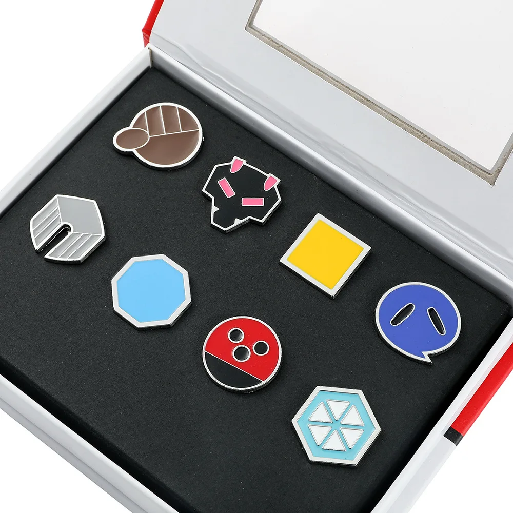 Pokemon-Abzeichen-Box-Set Kanto Johto Hoenn Sinnoh Unova Kalos Orange League Region Pins Broschen Taschenmonster-Sammlerstücke