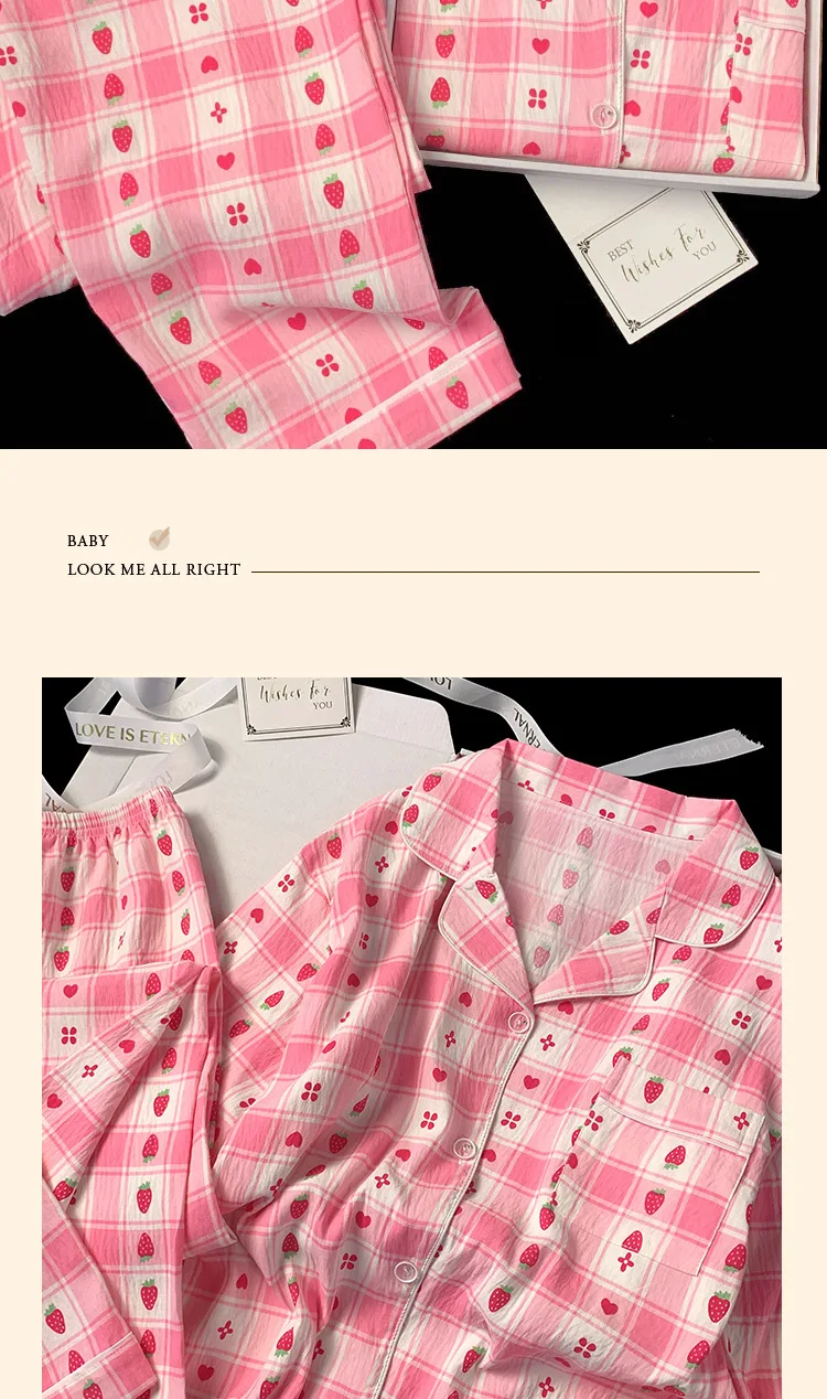 Erdbeer-Pyjama für Damen, langärmelig, Loungewear, Nachtwäsche in Übergröße, Damen-Nachtwäsche, kariertes, gestreiftes, herzförmiges Muster – Detail 4