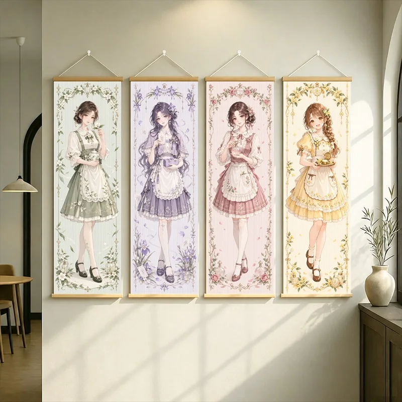 Anime Girls in Pastel Ruffled Dresses Hanging Scroll with Delicate Floral Borders and Gentle Colors for a Reading Nook