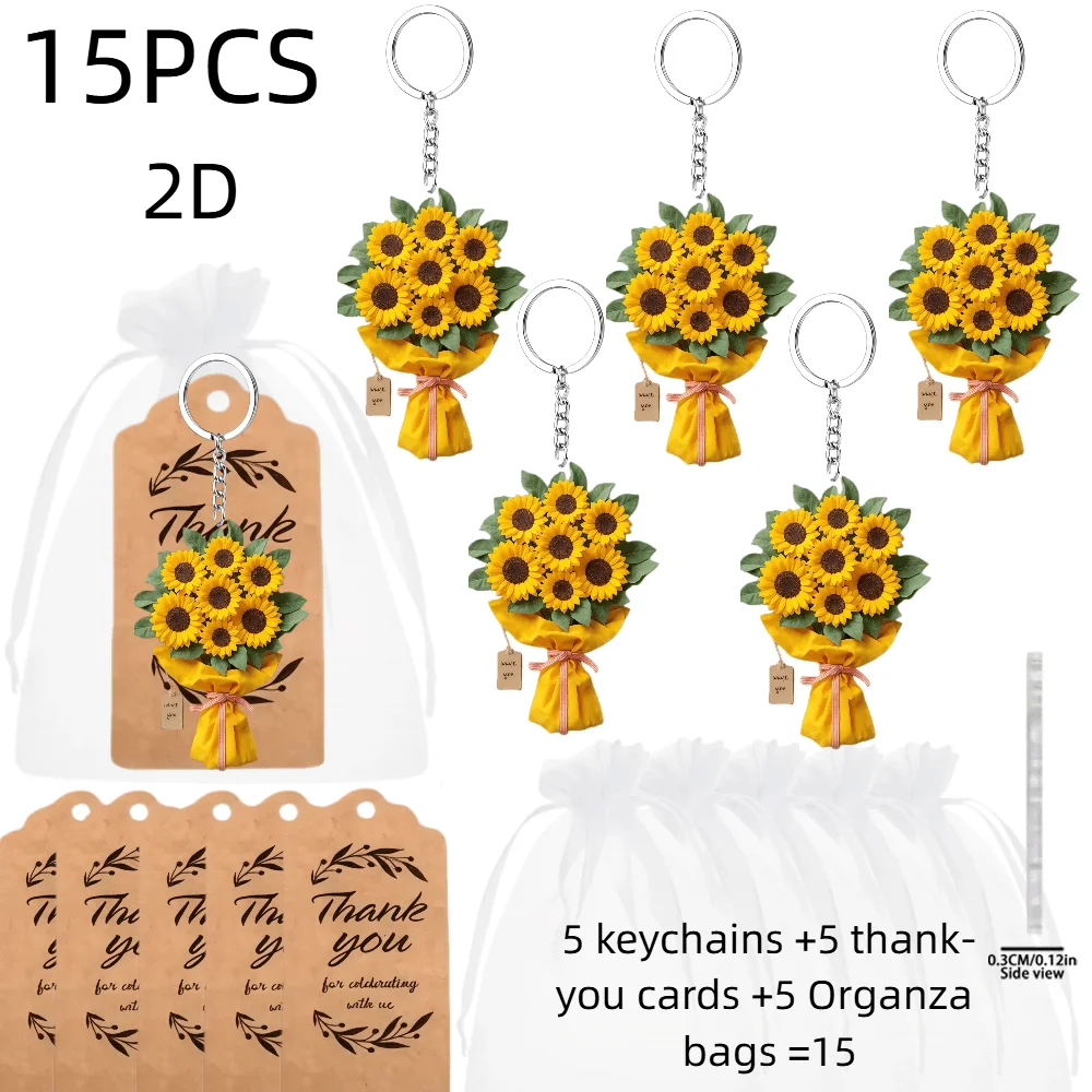 5sets Sunflower Bouquet Keychain Includes Acrylic 2D Keyring & Thank You Cards & Organza Bags Packs Event Giveaways Party Gifts