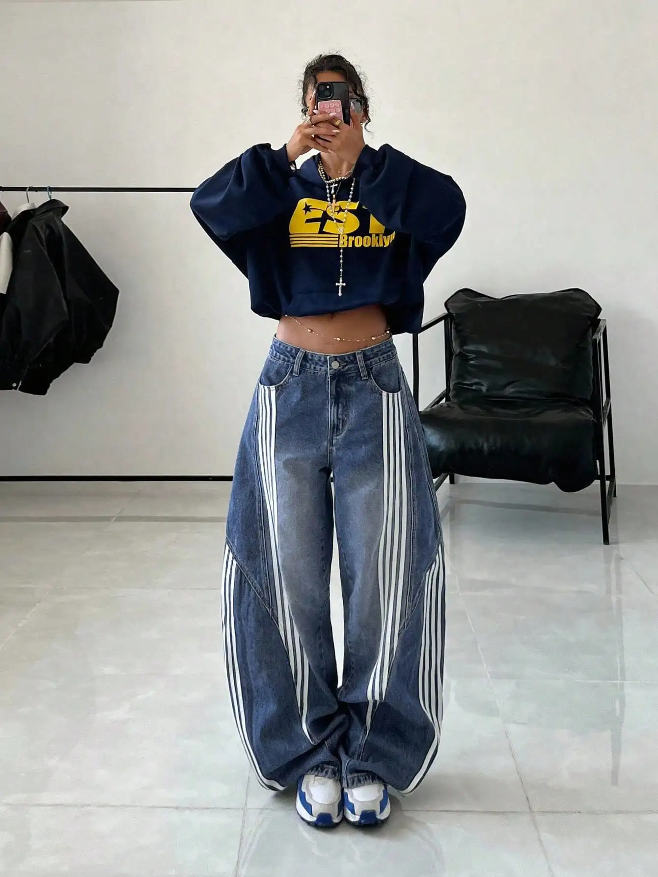 

Женские широкие джинсы с контрастными боковыми полосками, джинсовые брюки с высокой талией для уличного стиля